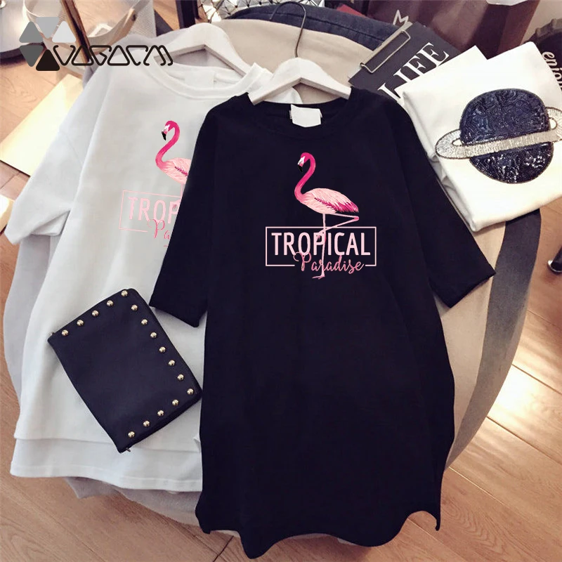 Женское летнее платье футболка с принтом фламинго повседневные свободные