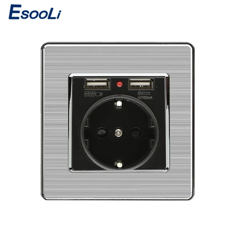 

Esooli Black Dual USB Charging Port 5V 2.1A Wall Charger Adapter LED Indicator 16A EU Socket Power Outlet Stainless Steel