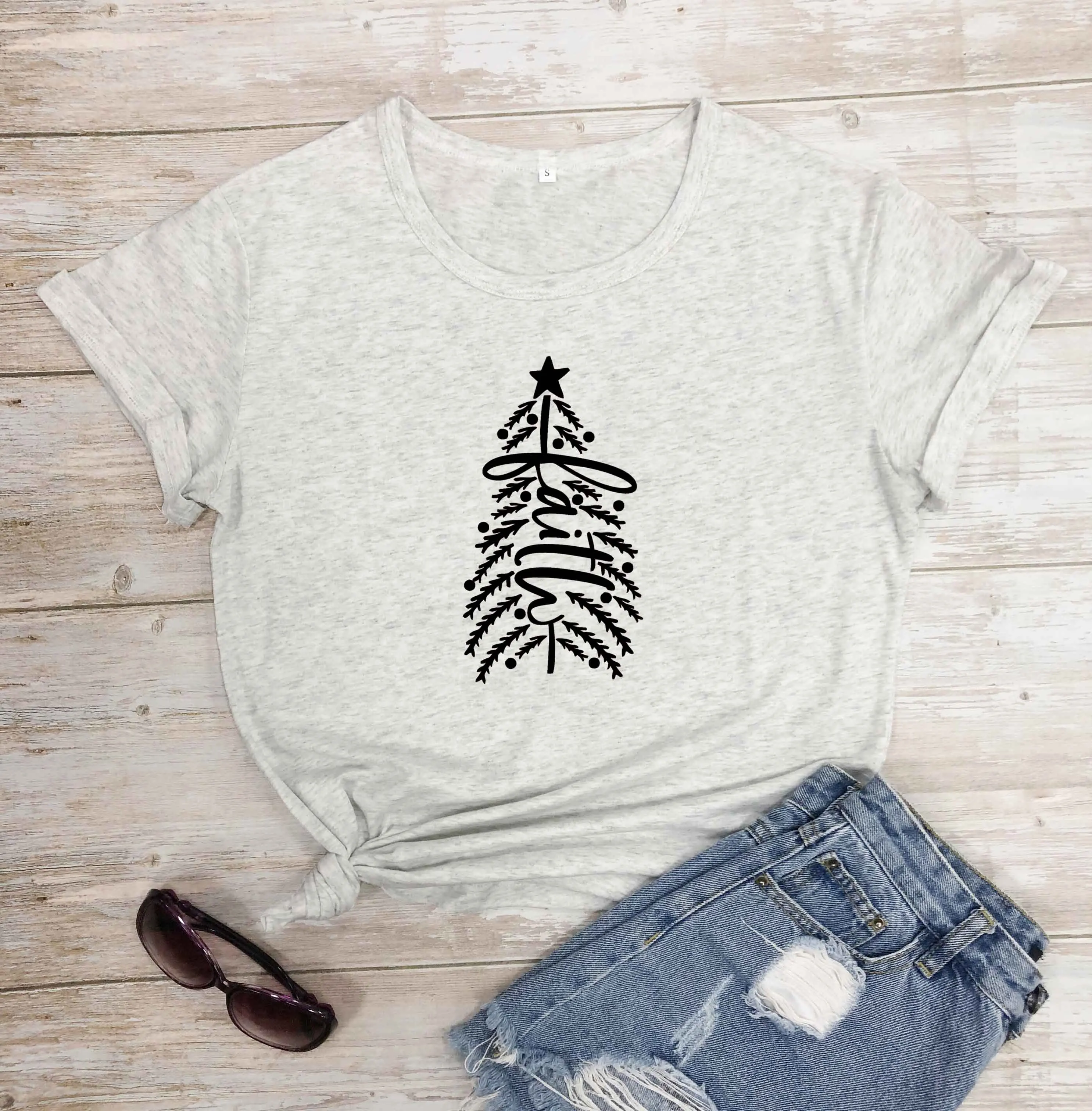 

Women's Faith Christmas Tree Word t shirt faith religion women fashion cotton casual hipster vintage tees Christianity tops P024