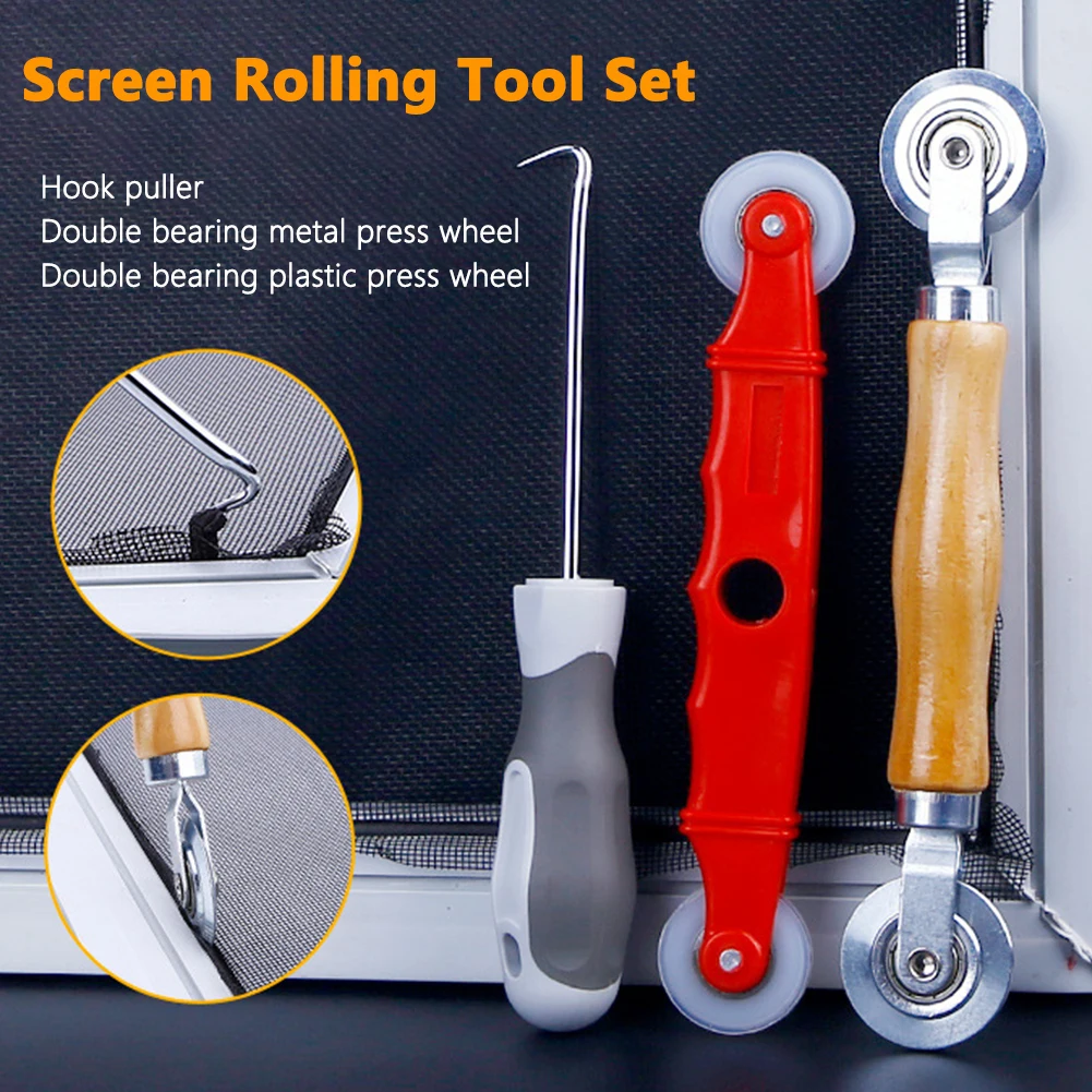 

3pcs DIY Door Window Screen Rolling Tool Set For Installing Roller Practical Home Security With Handle Hook Puller Reusable