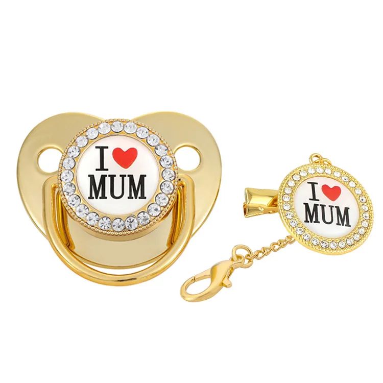 

Luxury I Love Mum Bling Bling Pacifier with Chain Clips Newborn Infant Food Grade Silicone Dummy Nipples For Baby Shower Gift