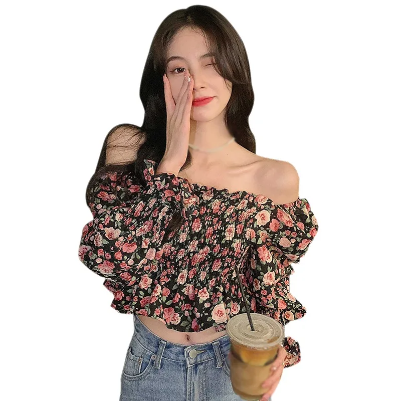 

2021 EFINNY French Style Women Floral Shirt Summer Blouses Slash Neck Slim Tops Printed Fashion Cropped Top