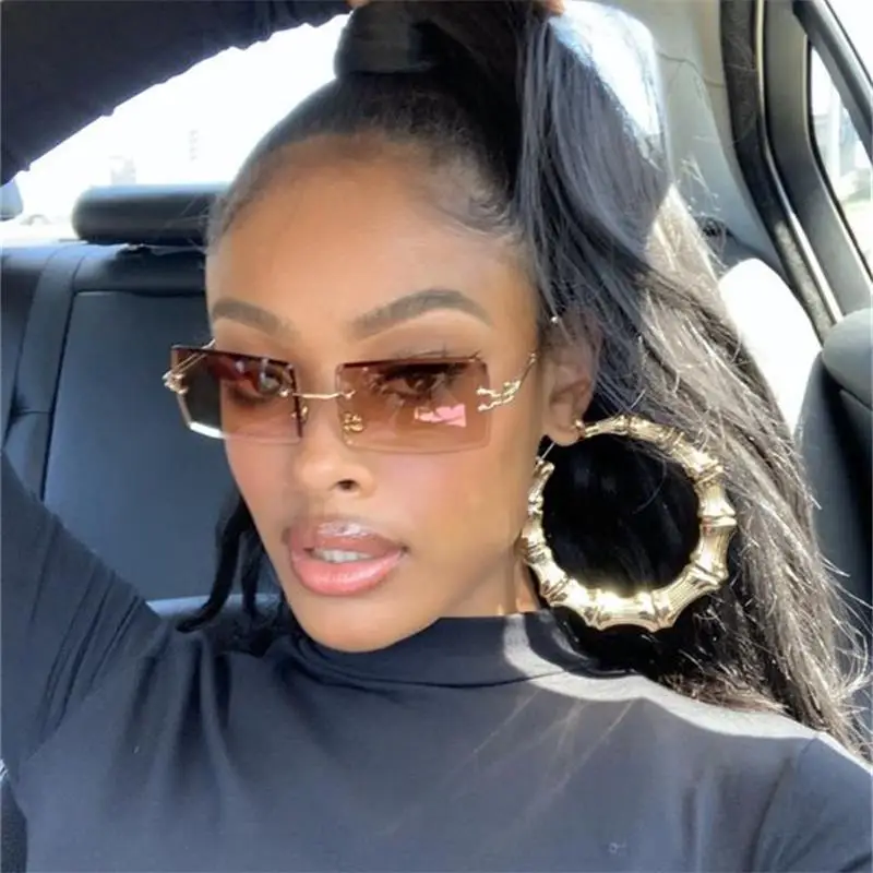 

Rimless Sunglasses Rectangle Fashion Popular Women Men Shades Small Square Sun Glasses For Female Summer Traveling Brown Oculos
