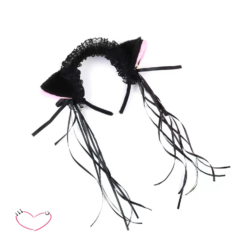 Женская Кружевная повязка на голову с оборками и плюшевыми кошачьими ушками