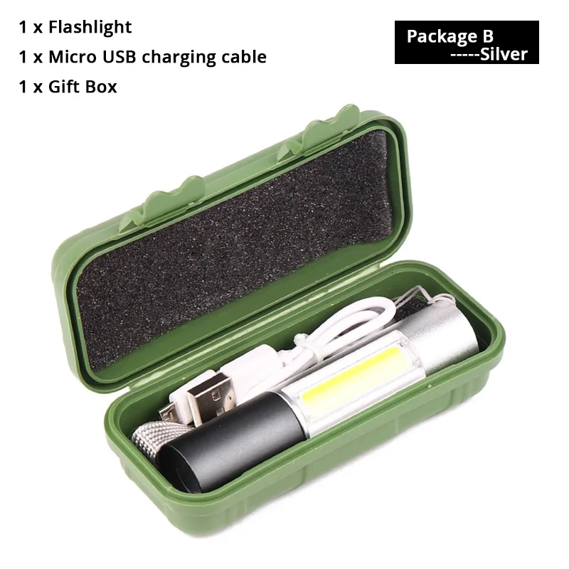 Package B-Silver Мини светодиодный фонарик USB Перезаряжаемый с COB боковым фонариком 3 режима Поддержка зум открытый кемпинг свет с Бесплатный usb-кабель - Испускаемый цвет: Package B-Silver