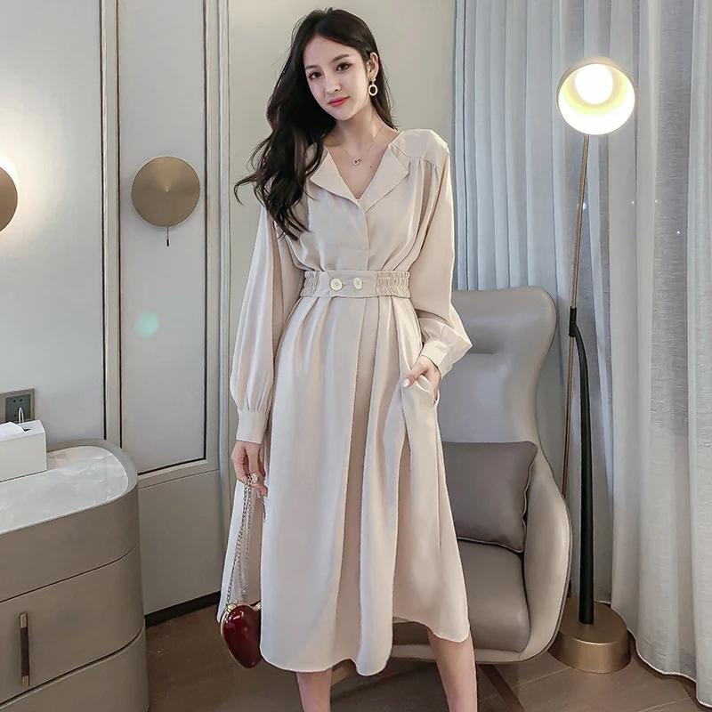 

Женское плиссированное платье с длинным рукавом, черное элегантное Повседневное платье макси в винтажном Корейском стиле Вечерние Весна ...