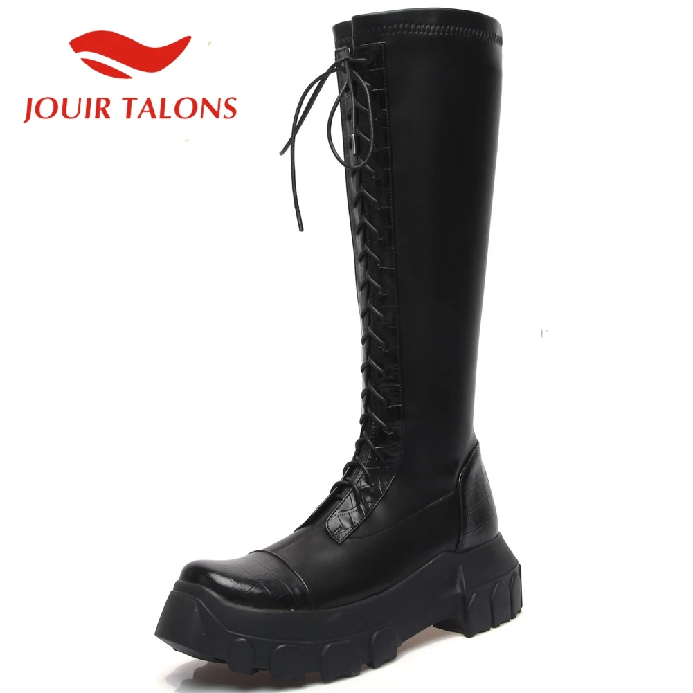 

JOUIR TALONS/Лидер продаж; Новый дизайн; Сапоги до середины икры из коровьей кожи на платформе с круглым носком и перекрестной шнуровкой; Ботинки ...