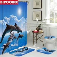 ocean design dolphin 4 in 1 waterproof fabric bathroom 3d shower curtain set with non slip toilet cover rugs mat home decoration