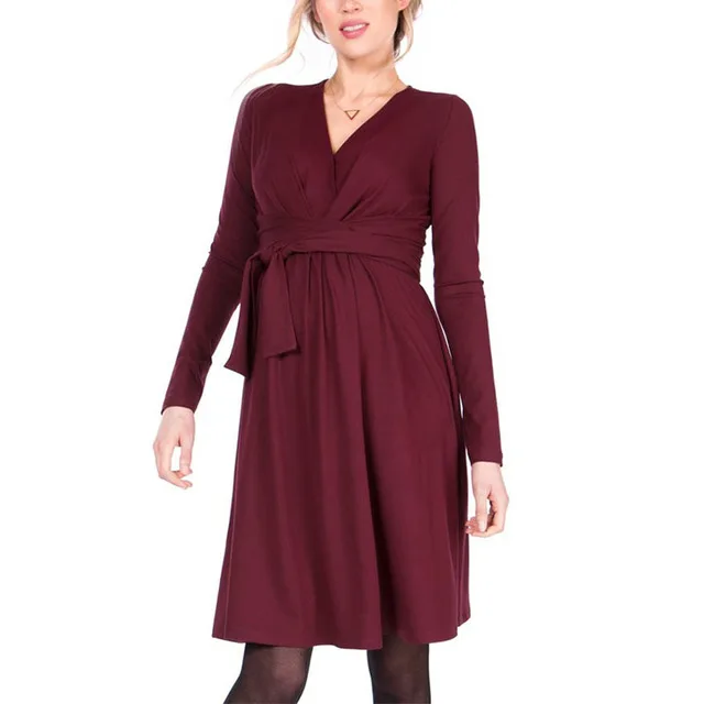 Hot Sale Autumn Creative Maternity Dress Breastfeeding Dress Fashion Long Sleeve Long Sashes Cross V-neck Nursing Dress