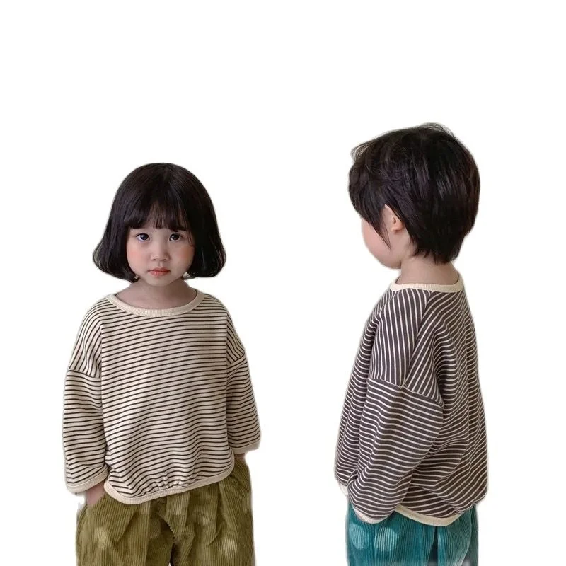 

2-8y New Children Baby Kids Boys Long Sleeve T-shirts Summer Boys Solid Cotton Striped T-shirt Tops Tees P5365