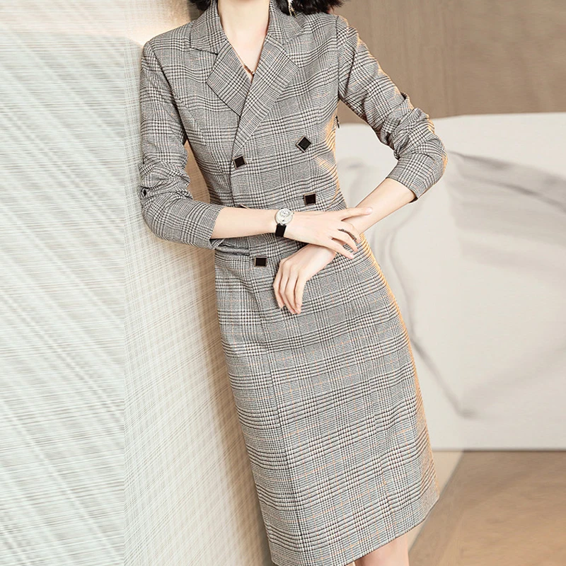 Zpqowv осенне зимний костюм платье в клетку с длинным рукавом двубортное яркое