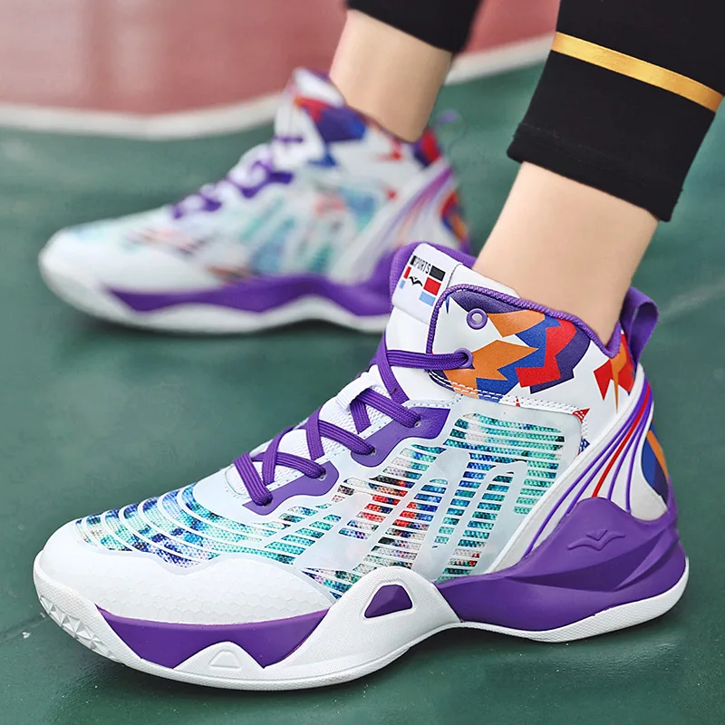 Outdoor Winter PU Trainers Basketball Shoes Men White Purple Lace Up Damping Mens Shoes Sports Shoes Proffessional Bambas Hombre