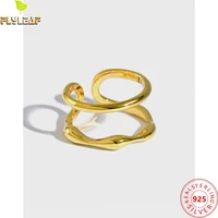 18k gold plating double layer open rings for women 925 sterling silver uneven glossy ring femme fine jewelry
