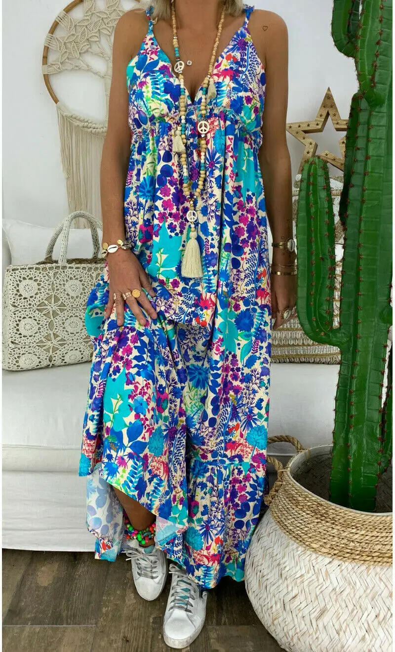 

Plus Size Women Summer Beach Strappy V-neck Dress Boho Floral Sundress Holiday Fashion Flower Print Long Loose Sundress Clothes