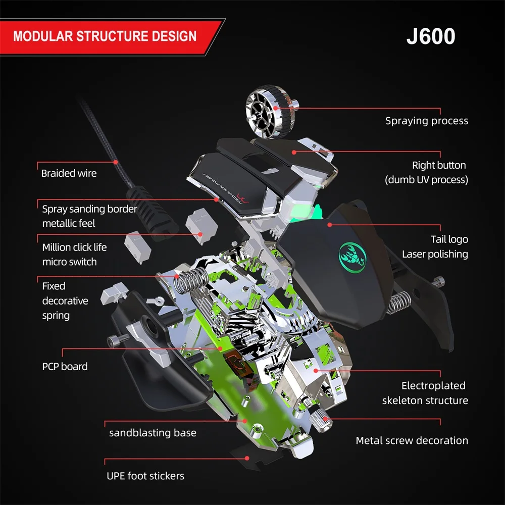 Проводная игровая мышь HXSJ J600 с девятью клавишами для макропрограммирования