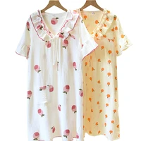 2021 summer new women cute cartoon peach printed nightgown ladies 100 gauze cotton v neck short sleeve sweet soft sleep dress