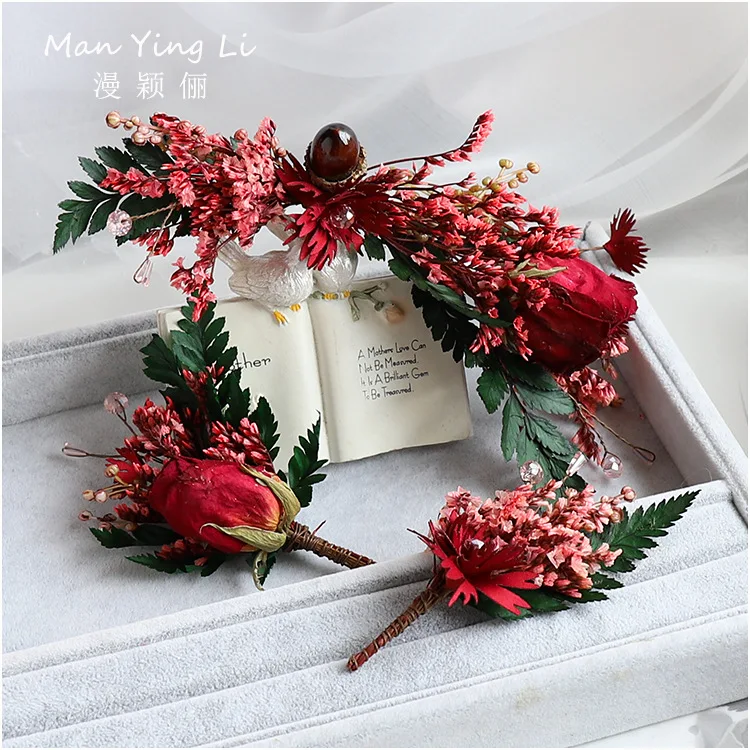 Невеста Сен-это розово-красный натуральный сушеный цветок вилка для волос