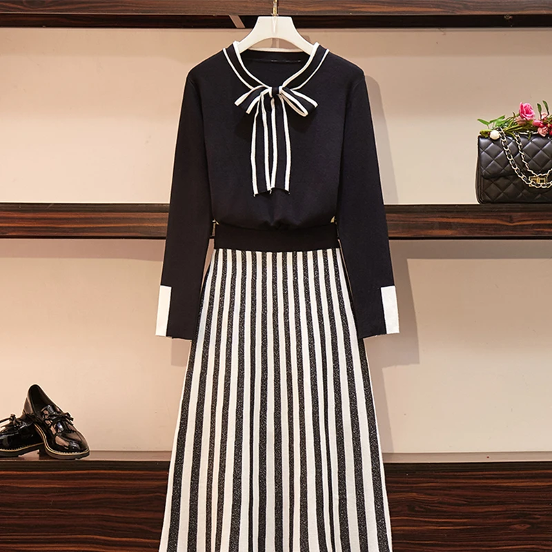 Женский комплект из 2 предметов размера плюс осенне-зимнее Полосатое платье с