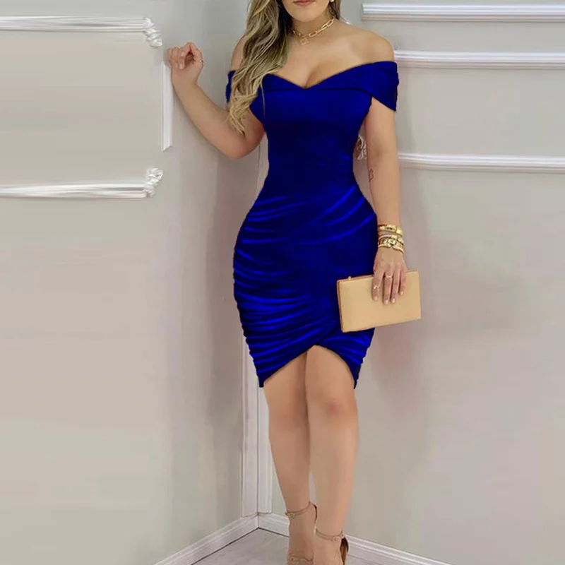 

Short sleeve dress Woman shirring Solid Velvet Elegant Bodycon Party Dress Women Sexy Backless Slim Mini Dress Ladies