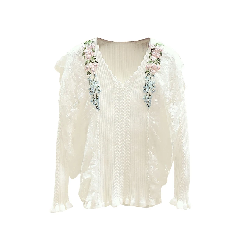 Autumn/Winter Floral Swerter Women 2019 New Lace Stitched Long-sleeved Knitted Top Sweet Embroidered Flower Sweater Girls | Женская