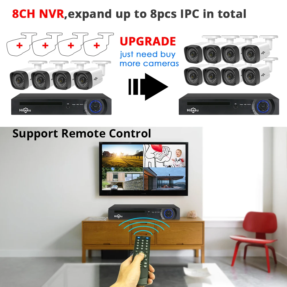 Hiseeu 8CH 1080P POE NVR CCTV система безопасности 4 шт. 2.0MP аудио запись IP камера ИК P2P комплект