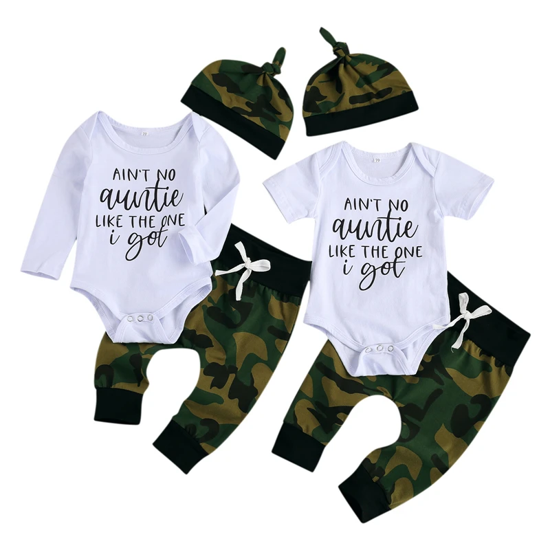

BY Baby Boys Outfits Cute Short/Long Sleeve Letter Print Romper + Camo Pants + Top Knot Hat 3Pcs Set Newborn Boys Clothing Set