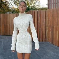 autumn mini knit dress half high collar solid color open back cut out sexy slim women high street fashion winter bodycon outfits