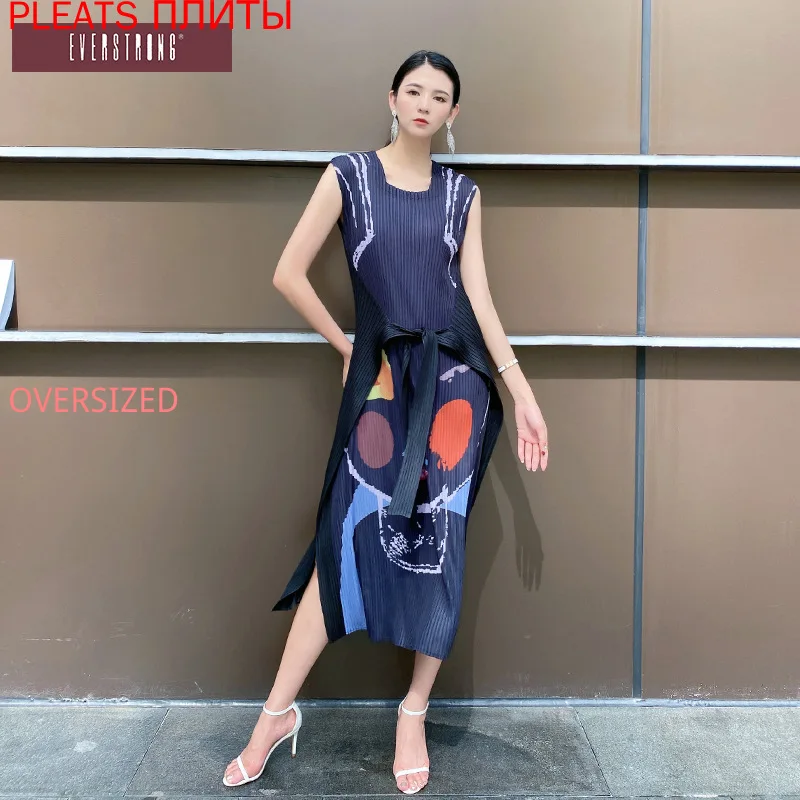 

Miyake/летнее платье; Новинка; Платье средней длины с рисунком; Широкое свободное платье с квадратным вырезом; Плиссированное элегантное платье; vestido