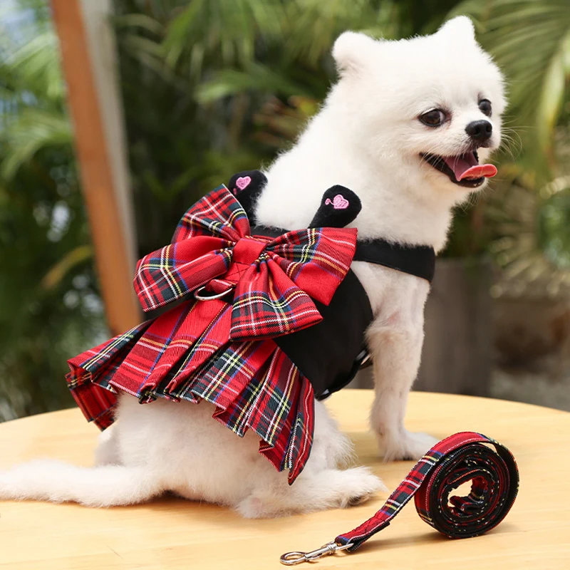 

Cat Dog Skirt Clothes Cat Plaid Dog Harness And Leash Set Cat Skirt Costume With Leash College Style Harness Small Dog Supplies