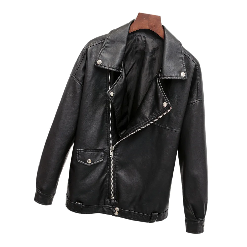 

Spring And Autumn Women's Long Sleeves Zipper Loose Lapel Motorcycle PU Leather Coat Women's Leather Jacket