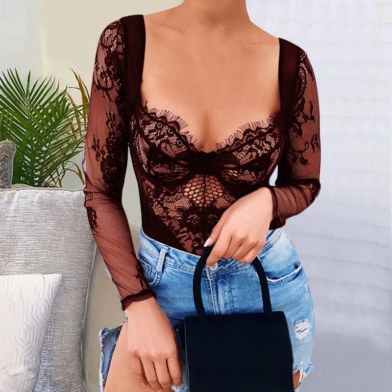 

WENYUJH Sexy Deep V Neck Tops Party Playsuit Romper Elegant Lace Solid Slim Jumpsuit Fashion Hollow Out Long Sleeve Bodysuits