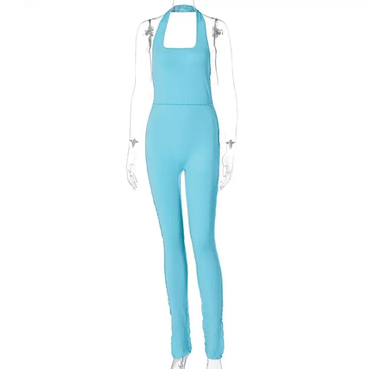 

Summer Womens Fashion Backless Jumpsuit Rompers Summer Blue Color Sexy Halter U-neck Slimming Long Jumpsuit Casual Sports Suits
