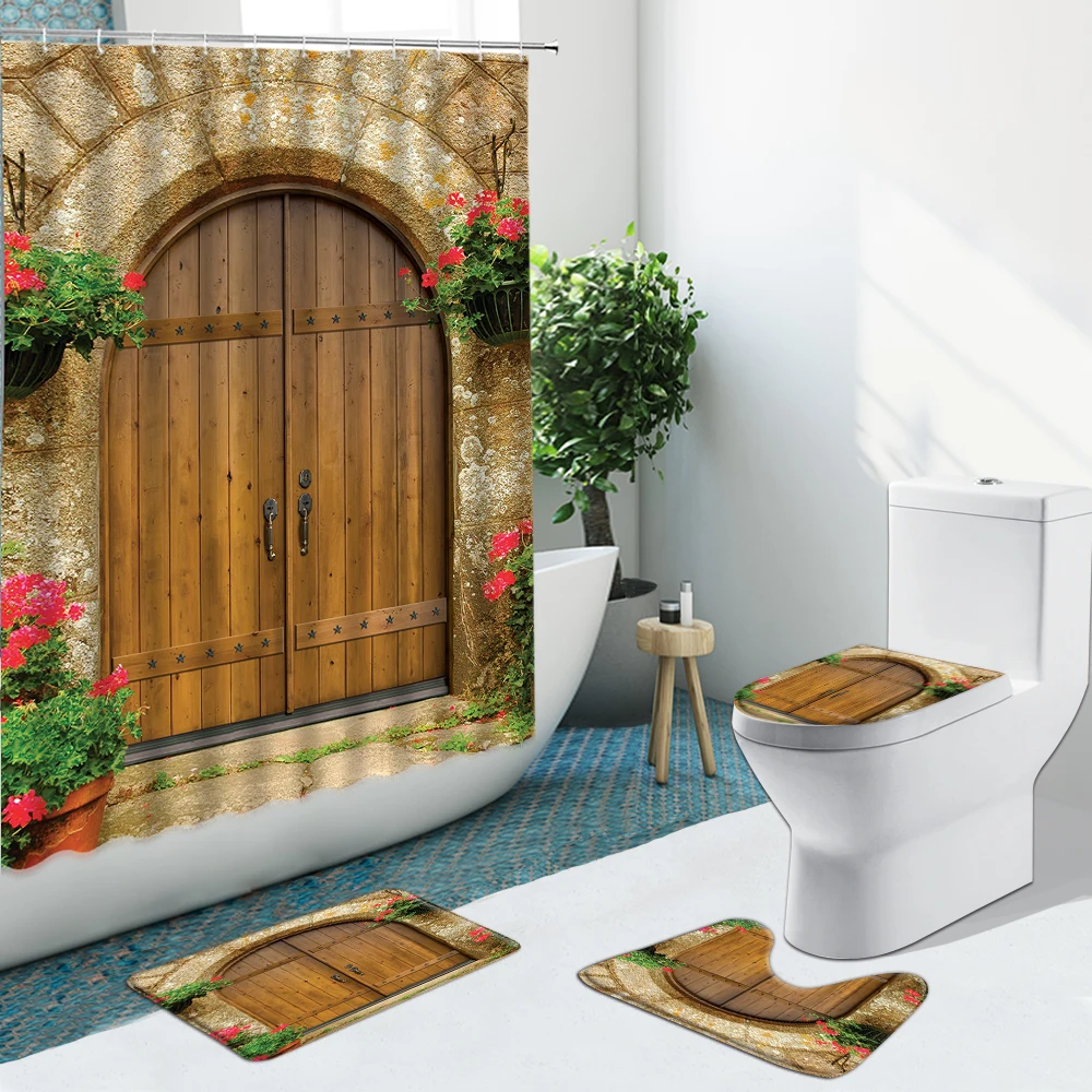 

Flower Vintage Old Door Shower Curtains Retro Brick Wall Non-Slip Pedestal Flannel Rugs Toilet Cover Bathroom Set Bath Mat Decor