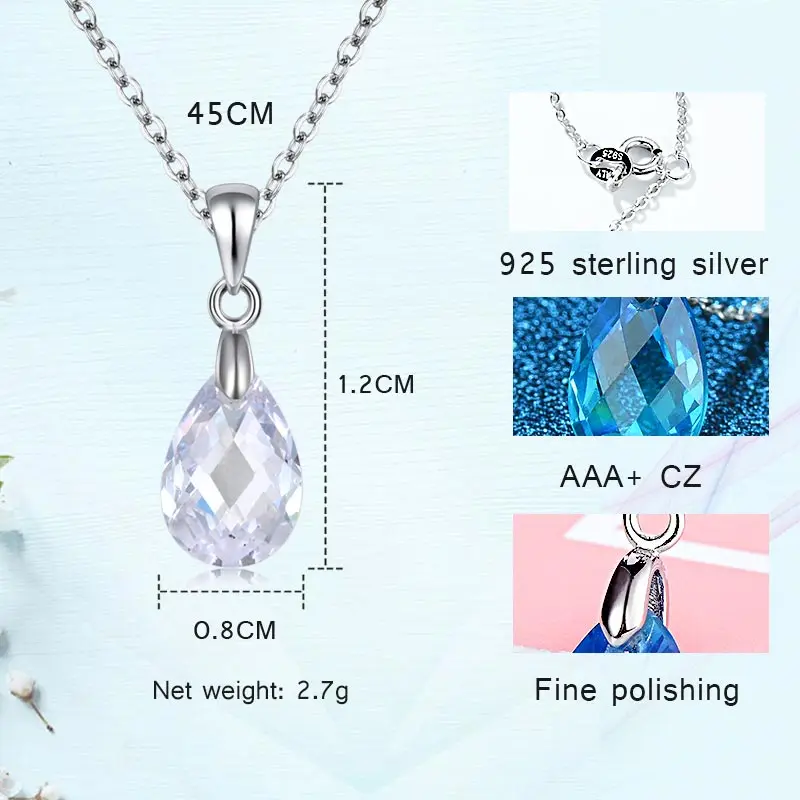 

Drop Shipping Genuine 925 Sterling Silver Necklace Water Drop Clear Blue Crystal Charm Necklace Pendants Dazzling Woman Jewelry