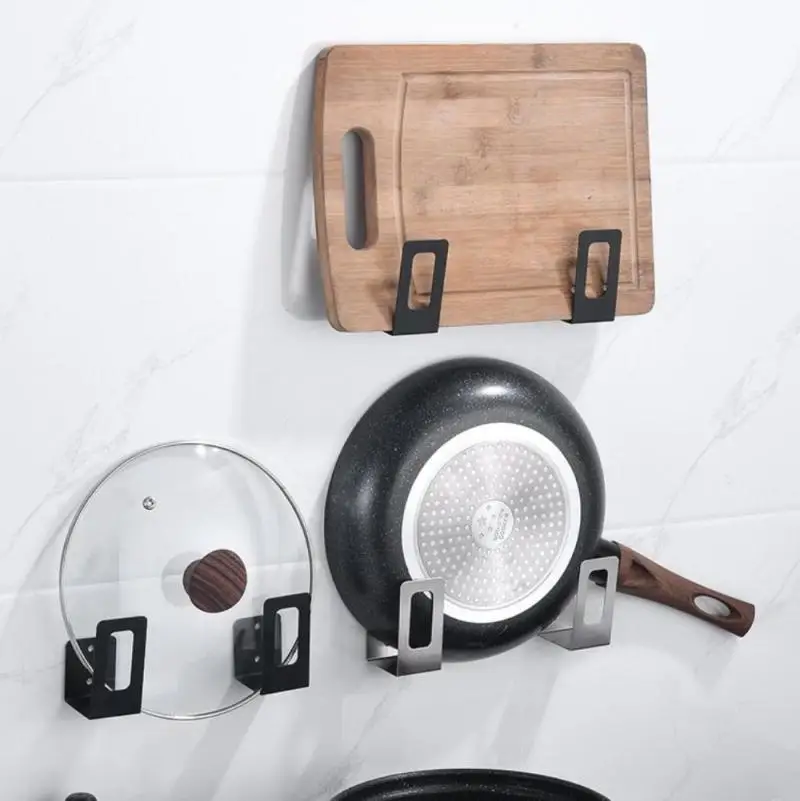 

2pcs Wall Mount Hanging Rack Cutting Boards Pan Cover Holder Pot Lid Plate Black Stainless Steel Rack Hanger Hook Kitchen Tools