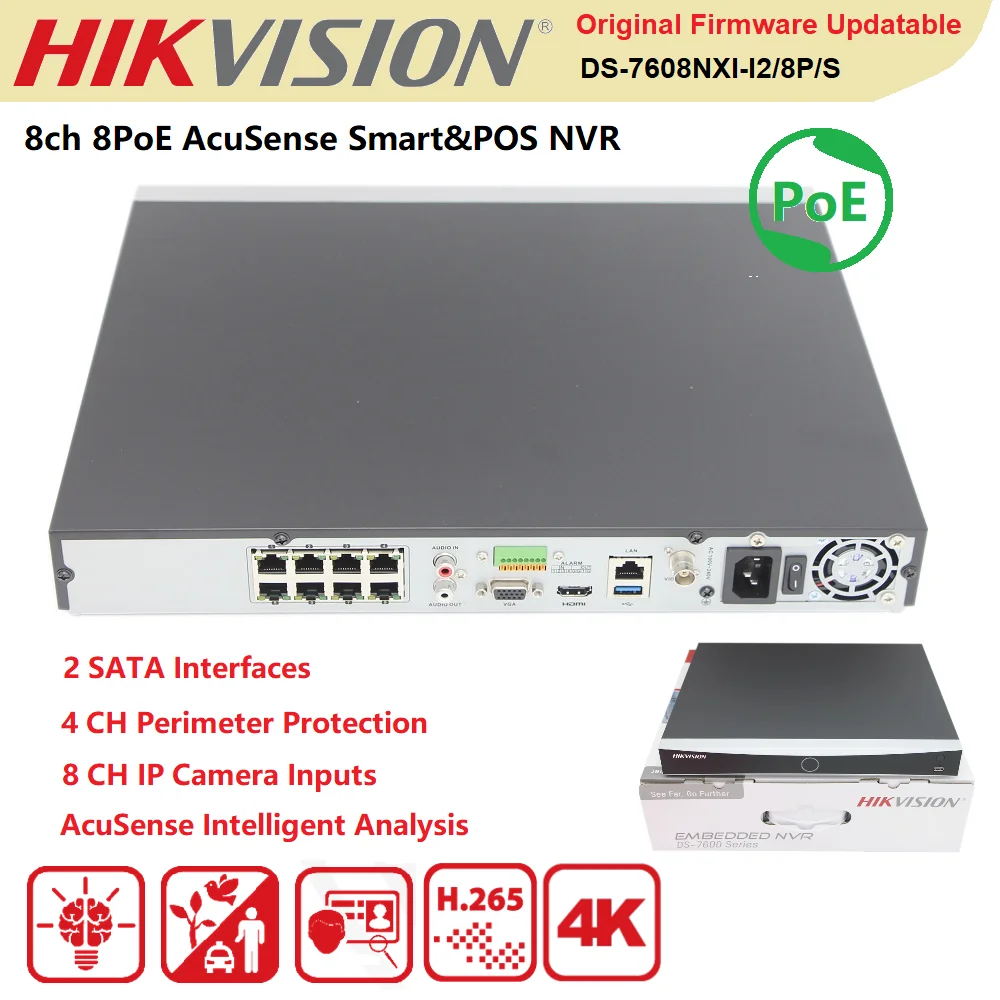 

Hikvision NVR 8 CH DS-7608NXI-I2/8 P/S Acusense 4K 1U 8 наружняя камера видеонаблюдения POE сетевой видеорегистратор распознавание лица 2 положения HDDs