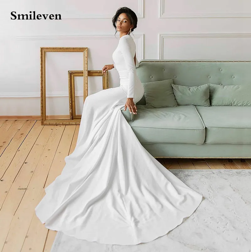 

Smileven Soft Satin Mermaid Wedding Dresses Long Sleeve Boho Bride Dress Sweep Train Wedding Gowns 2022 Vestido De Noiva