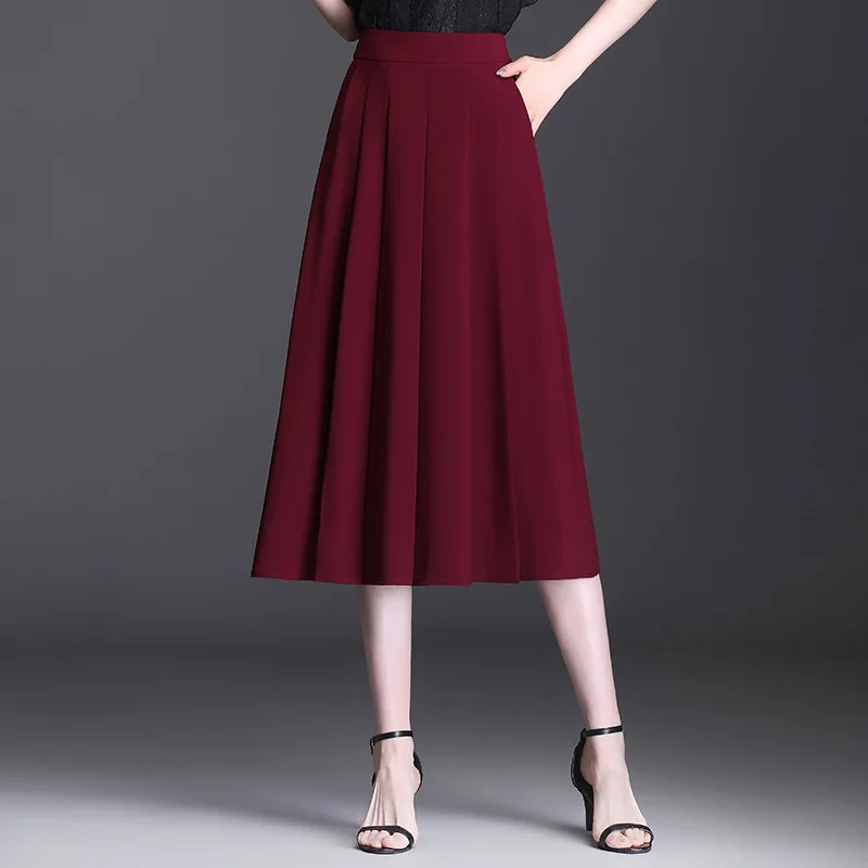 

Elegant Black Pleated Skirts for Women 2021 Summer Elastic High Waist Loose Casual Mid-long Big Swing Woman Skirt 8568