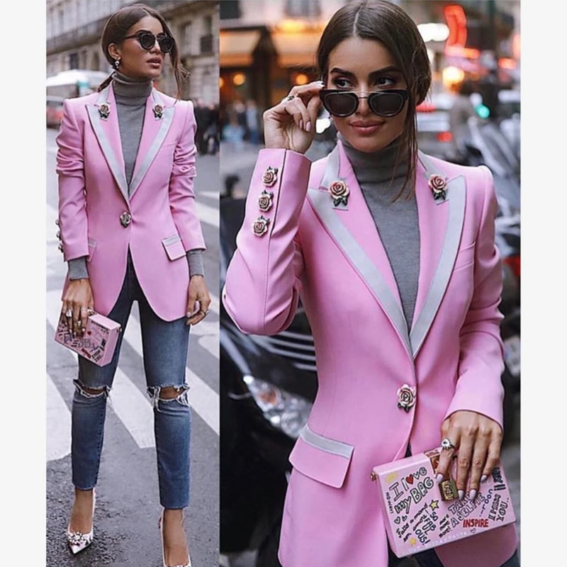 

Runway Luxury Lapel Autumn Winter Elegant Cardigan 3D Rose Buckle Printed Long Sleeve Lined Pink Slim Coat Clothes Korean