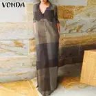 Осеннее платье-рубашка VONDA 2021, винтажные клетчатые вечерние платья с длинным рукавом, отворотом и пуговицами, богемные платья, сарафан большого размера