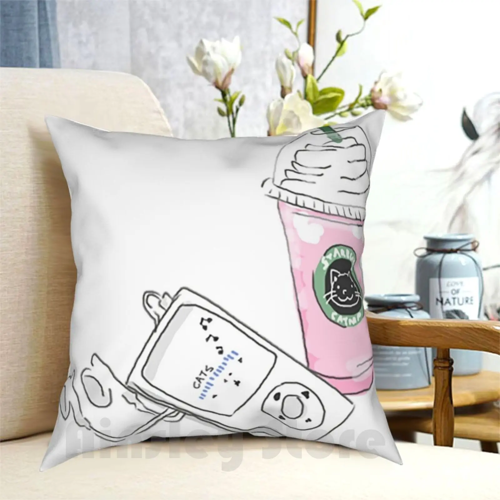 

Cats , & Music Pillow Case Printed Home Soft DIY Pillow cover Cat Kitten Cute Pink White Pretty Girly Girls Frappuccino