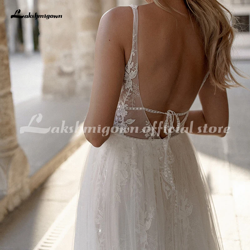 

Lakshmigown Wedding Dresses 2021 Tulle Lace illusion Back Appliques Gelinlik Vestido De Noiva Robe De Mariee Bridal Custom Made
