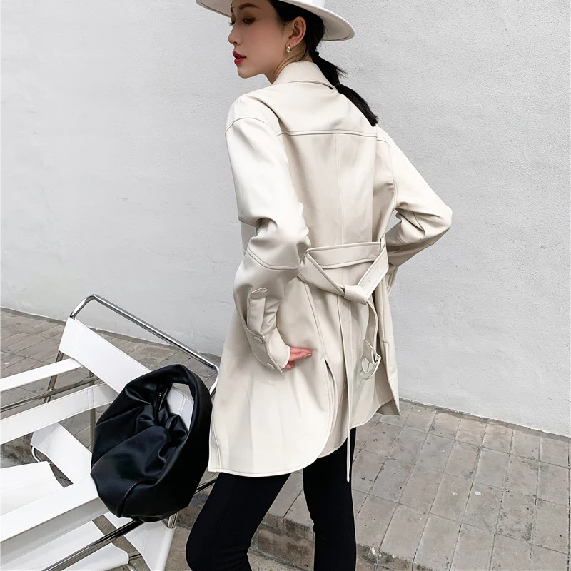 

Button-up Leather Jacket Sashe Long Basic Coat Motor Biker Jacket With Belt Faux Leather PU Jacket Plus Size