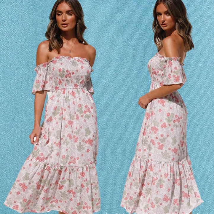 

dresses women 2021 Summer new dress sexy open back strapless chest wrap sexy temperament elegant charming printed dress LYQ262