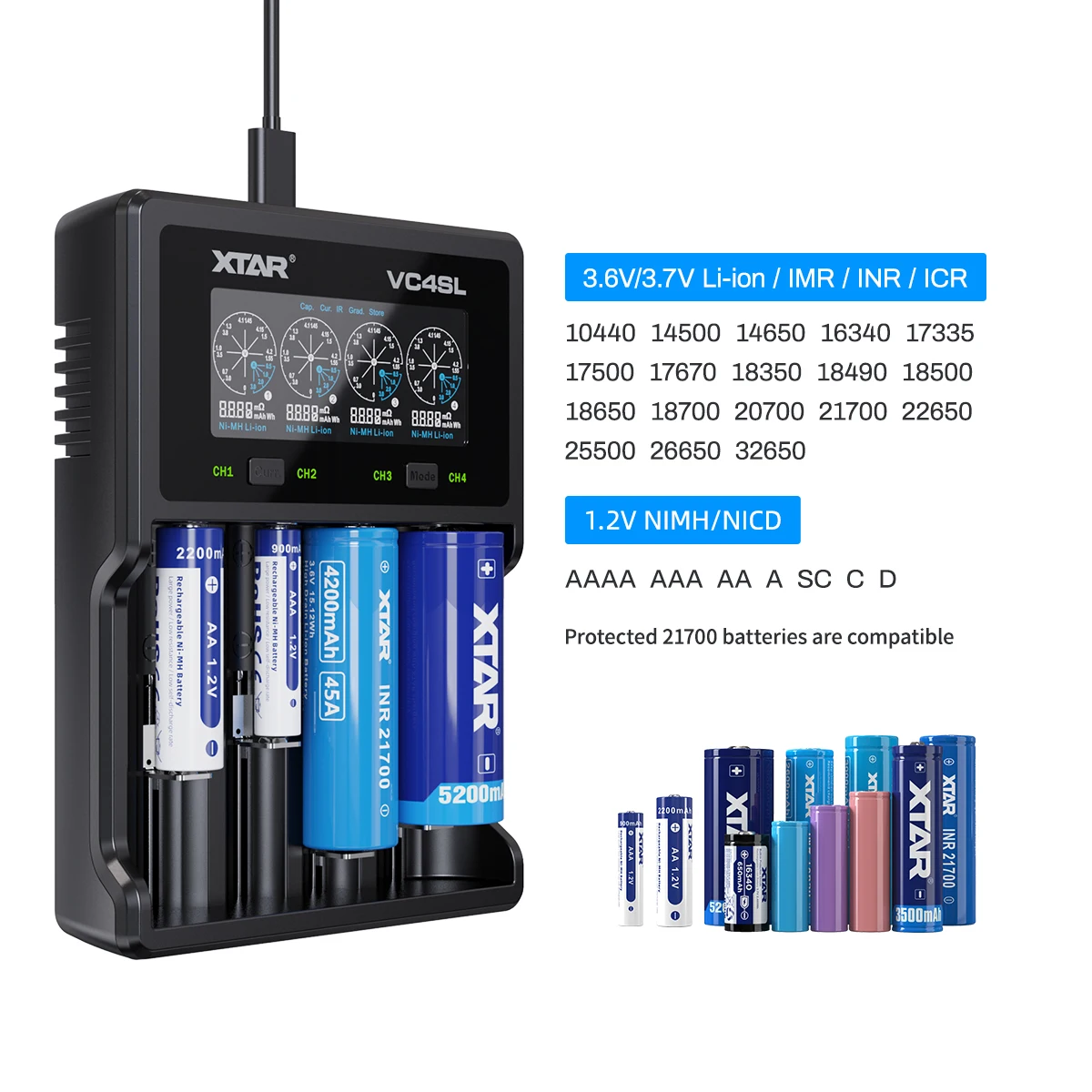 XTAR 18650 Battery Charger VC4SL USB Type C QC3.0 Quick Charge 1.2V AAA AA Rechargeable Lithium Batteries 21700 Fast Charger