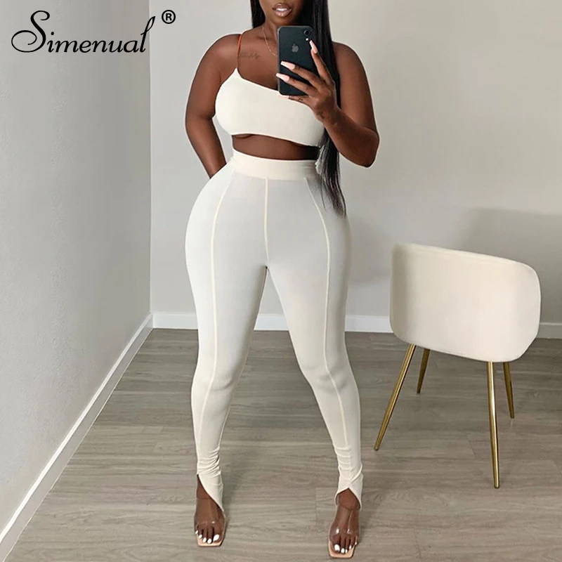 

Simenual White One Shoulder Bodycon Matching Sets Women Sporty Casual Skinn Two Piece Outfits Sleeveless Top And Side Slit Pants