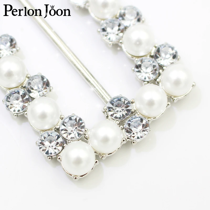 

2pcs 6cm(inner 4.5cm) rectangle pearl Acrylic rhinestons wedding dress ribbon silver crystal belt buckel accessories KT023