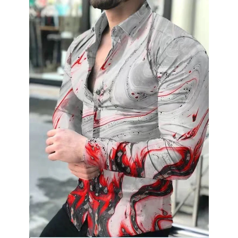 

2021 Geometry Points 3D All Over Printed Hawaiian Casual Button Up Dress Shirts Full Sleeve Beach Streetwear Men Clothing S-3XL