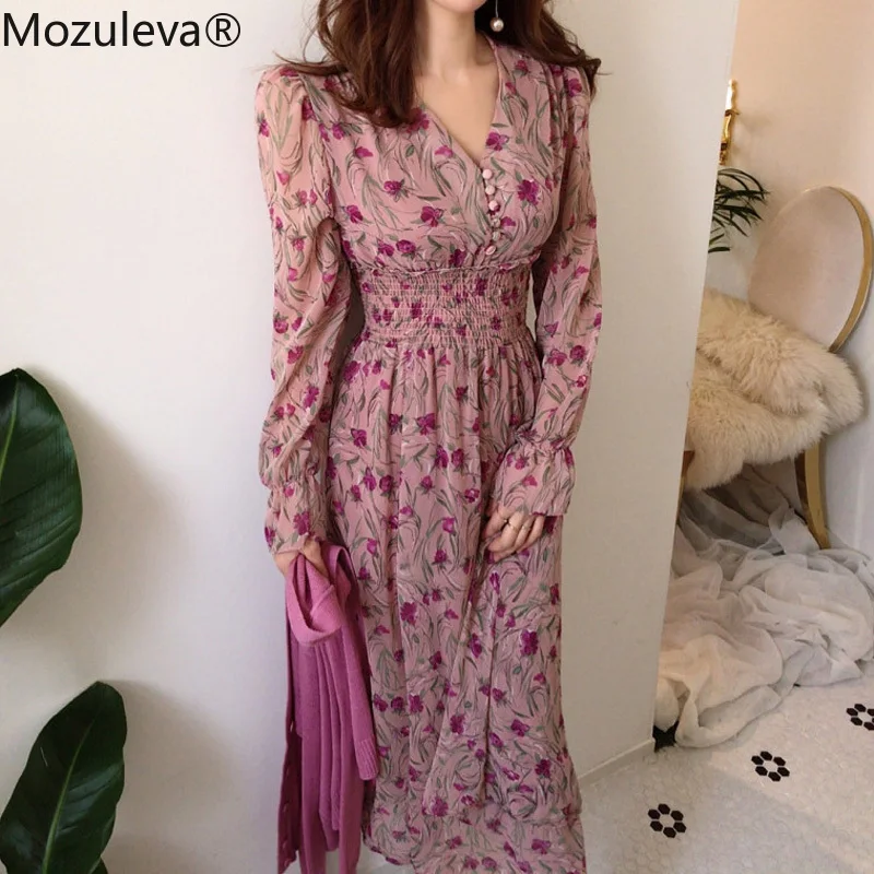 

Mozuleva Fashion V-neck Floral Print Elastic Waist Women Dress Vintage Flare Sleeve Front Buttons A-line Female Long Dresses