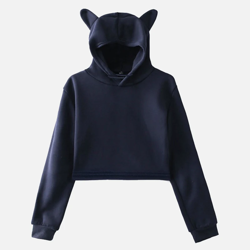 Navy Blue 2 Укороченная Женская толстовка с длинным рукавом с кошачьими ушками и капюшоном, осенняя короткая женская толстовка, Весенняя уличная одежда, милая Женская толстовка с капюшоном - Цвет: Navy Blue 2